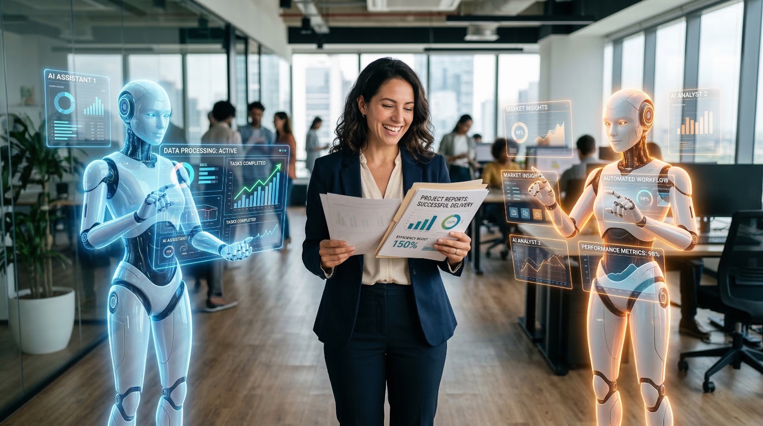 Happy professional working with AI agents that boost efficiency